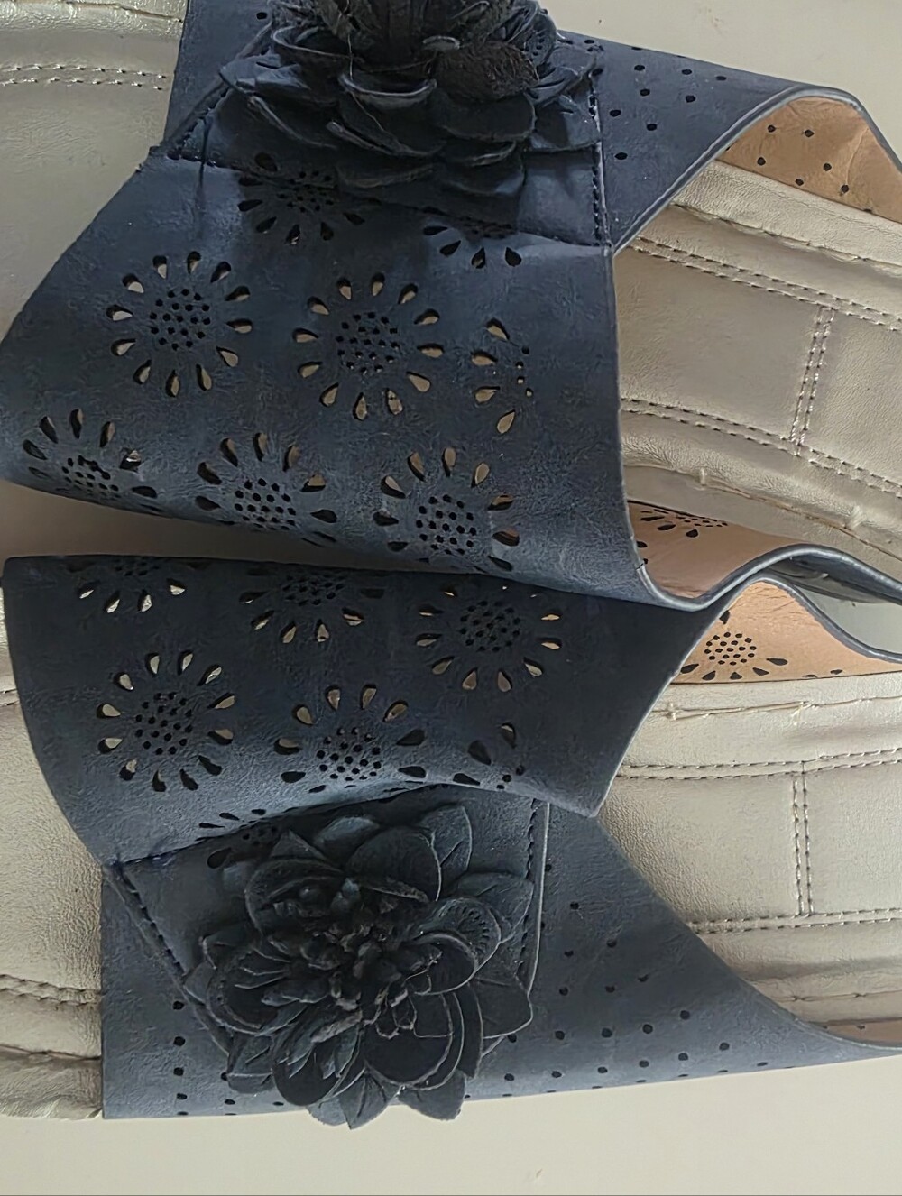 Navy Blue Laser-Cut Wedge Slide Sandals with Floral Detail 9